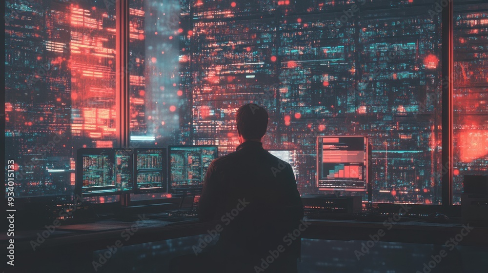 Poster A lone figure working late at night in a futuristic cityscape, surrounded by glowing screens displaying code and data.