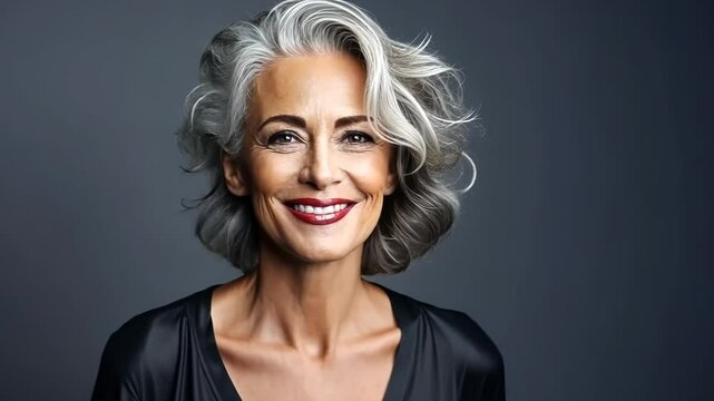 Beautiful elegant mature grey haired middle aged woman with perfect skin and smile , with dreadlocks on head on grey background