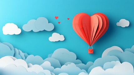 A heart-shaped origami hot air balloon floating in a blue sky, created in a paper art style.