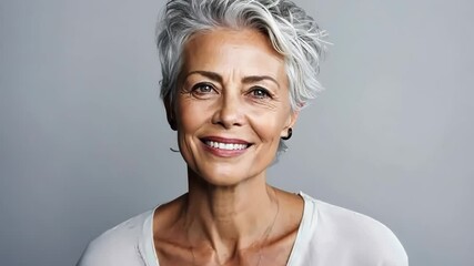Beautiful elegant mature grey haired middle aged woman with perfect skin and smile , with dreadlocks on head on grey background