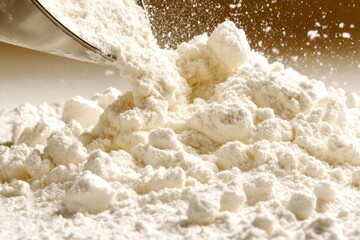 Flour being poured from a measuring cup onto a wooden surface in a well-lit kitchen