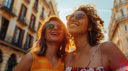 Close up portrait of two smiling young women are enjoying by walk in a city.  The sense of safe and fun travel. Warm light