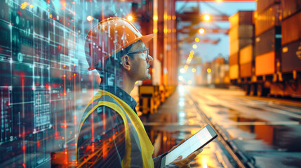 A logistics worker in a safety vest utilizes a tablet for data management amidst towering shipping containers at the port during twilight hours