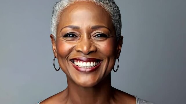 Beautiful elegant mature grey haired middle aged african American woman with perfect skin and smile , on grey background,