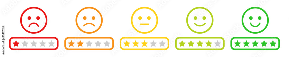 Sticker rating emoji set with stars in stroke style for customer feedback and product experience. five-star 