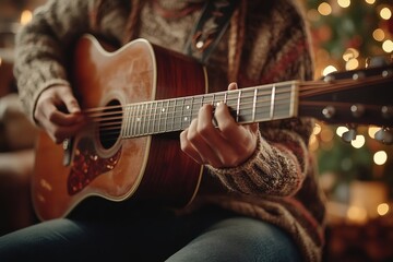 Fototapeta premium Close-up of a musicians hands playing an acoustic guitar