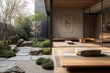 Tranquil Minimalist Workspace, serene environment featuring a Zen garden, sleek wooden furniture, promoting calmness and focus for productivity and mindfulness.