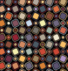Seamless abstract geometric pattern with multicolored squares and circles on a black background. Retro style design. Graphic texture. Decorative vector illustration.