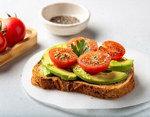Vegan sandwich with avocado and tomatoes. Diet food. Copy Space