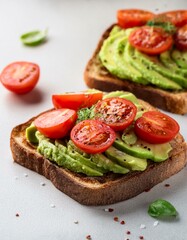 Vegan sandwich with avocado and tomatoes. Diet food. Copy Space