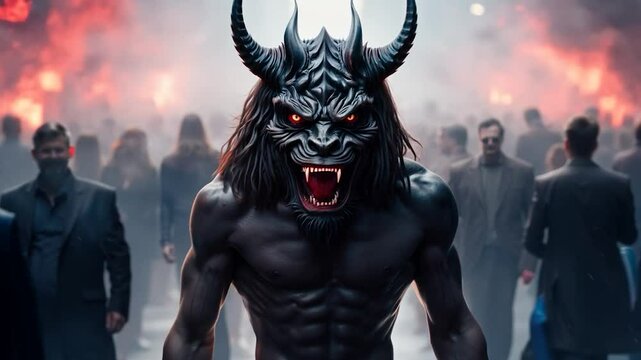 Muscular demon with glowing eyes is standing on a city street with smoke and fire in the background as people flee in terror