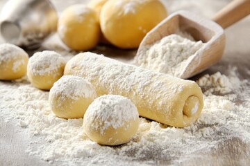 Fototapeta premium Dough being rolled out with flour, surrounded by small dough balls on a kitchen countertop