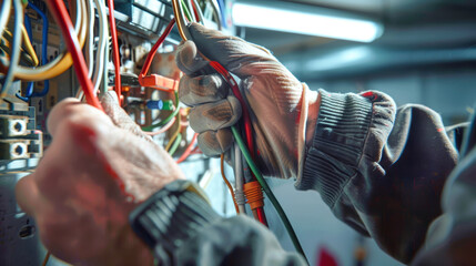 A skilled electrician focuses on connecting wires and tools inside an electrical panel in a home, ensuring safety and functionality