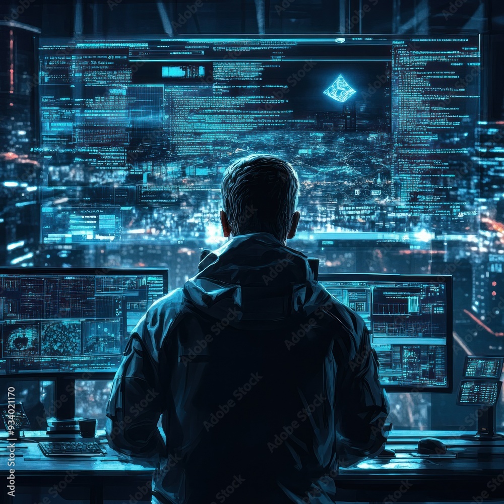 Leinwandbilder Hacker Looking at Computer Screens with Blue and Red Code