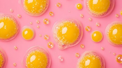 Yellow Soap Bubbles on Pink Background, Abstract Image, Texture, Pattern, Wallpaper, Cover and Screen of Smartphone, Cell Phone, Computer, Laptop, 9:16 and 16:9 Format
