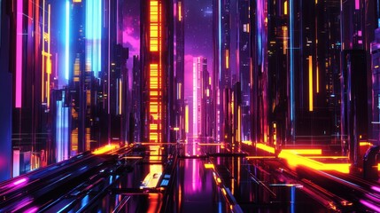 Neon-lit Futuristic Cityscape with Reflected Lights