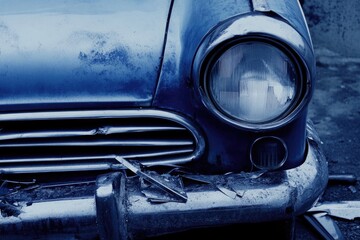 A close-up of a damaged car front highlighting a broken headlight and bent fender