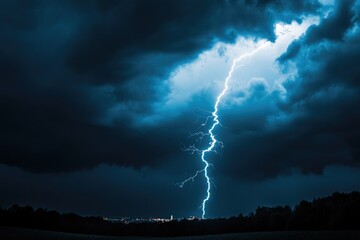 A lightning bolt illuminates a distant city skyline against dark, swirling storm clouds