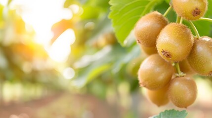 A cluster of Ripe Kiwi fruit growing on a branch
