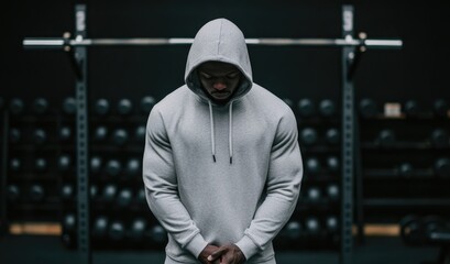 A young man stands with his head bowed, preparing for his workout in a gym