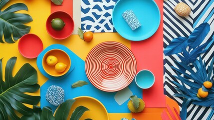 Obraz premium Colorful Plates, Fruit, and Tropical Leaves on a Patterned Background