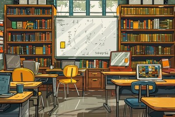 A vibrant classroom filled with books, a whiteboard, and comfortable seating, fostering a creative learning environment.