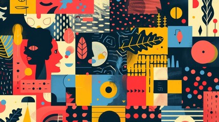 A vibrant collage featuring abstract shapes, botanical elements, and expressive faces. Perfect for creative projects.