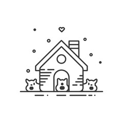 A Line Art Illustration of a House with Three Cats