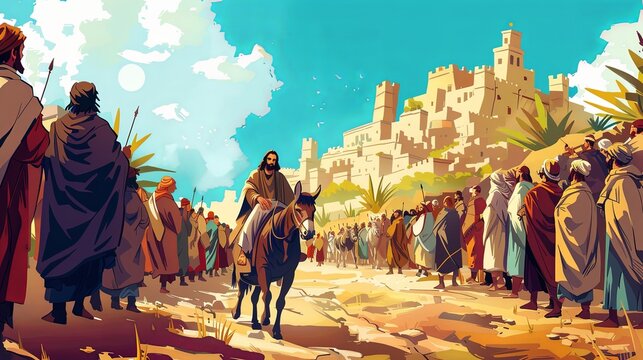 A procession in a cartoon style, featuring a significant figure on a donkey heading towards a walled city amid followers, portraying a historical, colorful, and symbolic gathering.