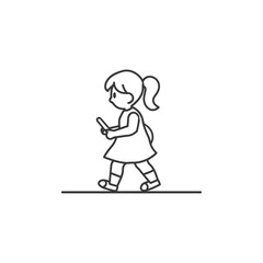 A Line Drawing of a Girl Walking and Looking at Her Phone