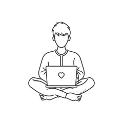 A Line Drawing of a Person Sitting with a Laptop with a Heart on the Screen
