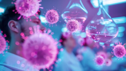 Fototapeta premium Researchers in a high-tech lab surrounded by floating holographic images of intricate, pulsating microorganisms