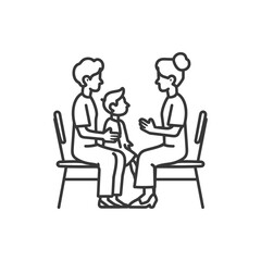 A line drawing of two adults sitting on chairs facing each other with a child sitting between them