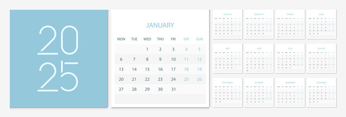 Calendar 2025 week start Monday corporate design template vector. Cover calendar 2025.
