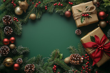 Christmas background with green color and Christmas decorations, golden stars, and red ribbon decoration on the right side of a green table mock-up. 
