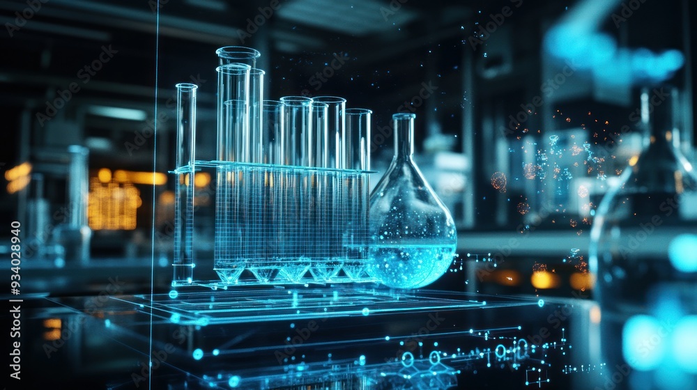 Poster glassware on a holographic platform in a modern lab