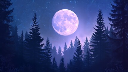 Naklejka premium Night Forest with Full Moon