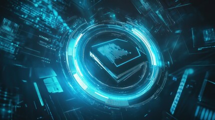 Futuristic Digital Interface with Glowing Blue Lines and a Central Hexagon