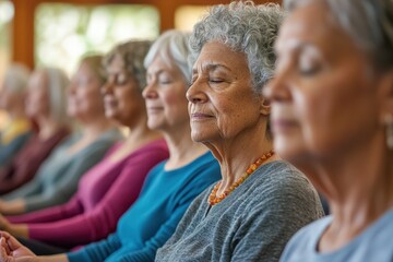 Obraz premium Harmony Among Elders: Seniors Engaged in Mindfulness Meditation for Community Wellness in a Tranquil Hall (Selective Focus, Whimsical Multilayered Theme)