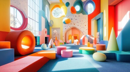 Colorful Playroom with Geometric Shapes and Climbing Wall