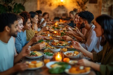 Cultivating Mindful Eating: Diverse Individuals Connecting Over Food and Mindfulness in Rustic Dining Setting (Selective Focus, Silhouette)