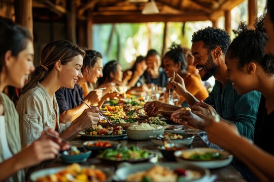 Portrait of a diverse group of people practicing mindful eating at a communal table, highlighting the connection between food and mindfulness (selective focus, theme: mindful meals) in a rustic
