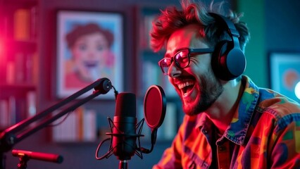 A young man passionately engages in recording or podcasting, his laughter and energy radiating through the colorful, vibrant studio environment.
