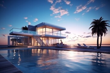 Fototapeta premium Modern Beachfront Villa with Infinity Pool and Sunset Views