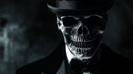 gentleman skeleton wearing tuxedo and top hat in creepy outdoor park, abstract Halloween background