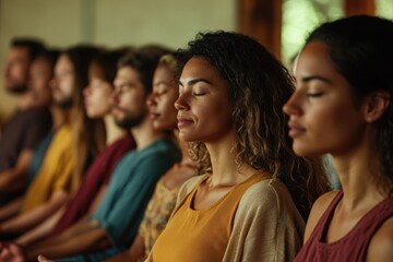 Inclusive Mindfulness: Diverse Group Practicing Breathwork in Peaceful Room