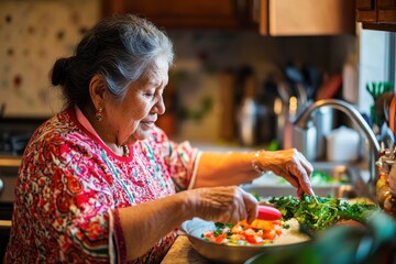 Portrait of an elderly Latina woman practicing mindful cooking, highlighting the blend of tradition, creativity, and mindfulness (close up, theme: culinary mindfulness) in a cozy kitchen (whimsical,