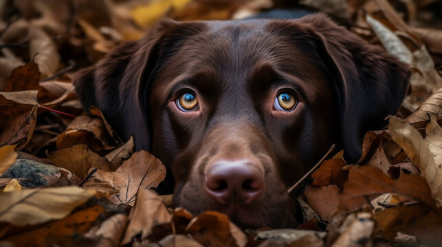Labrador in a pile of fall leaves. AI Generated