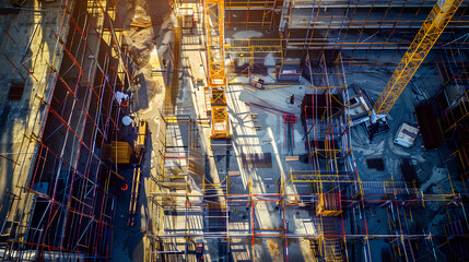 Scaffolding, concrete structures and cranes top view