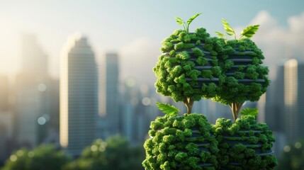 A futuristic cityscape with skyscrapers growing from sustainable, vertical forests, promoting urban reforestation